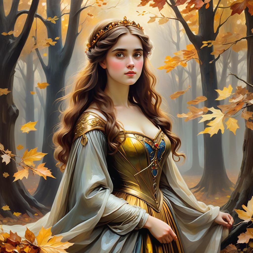 Curvy Princess in Autumnal Forest, Pre-Raphaelite Style