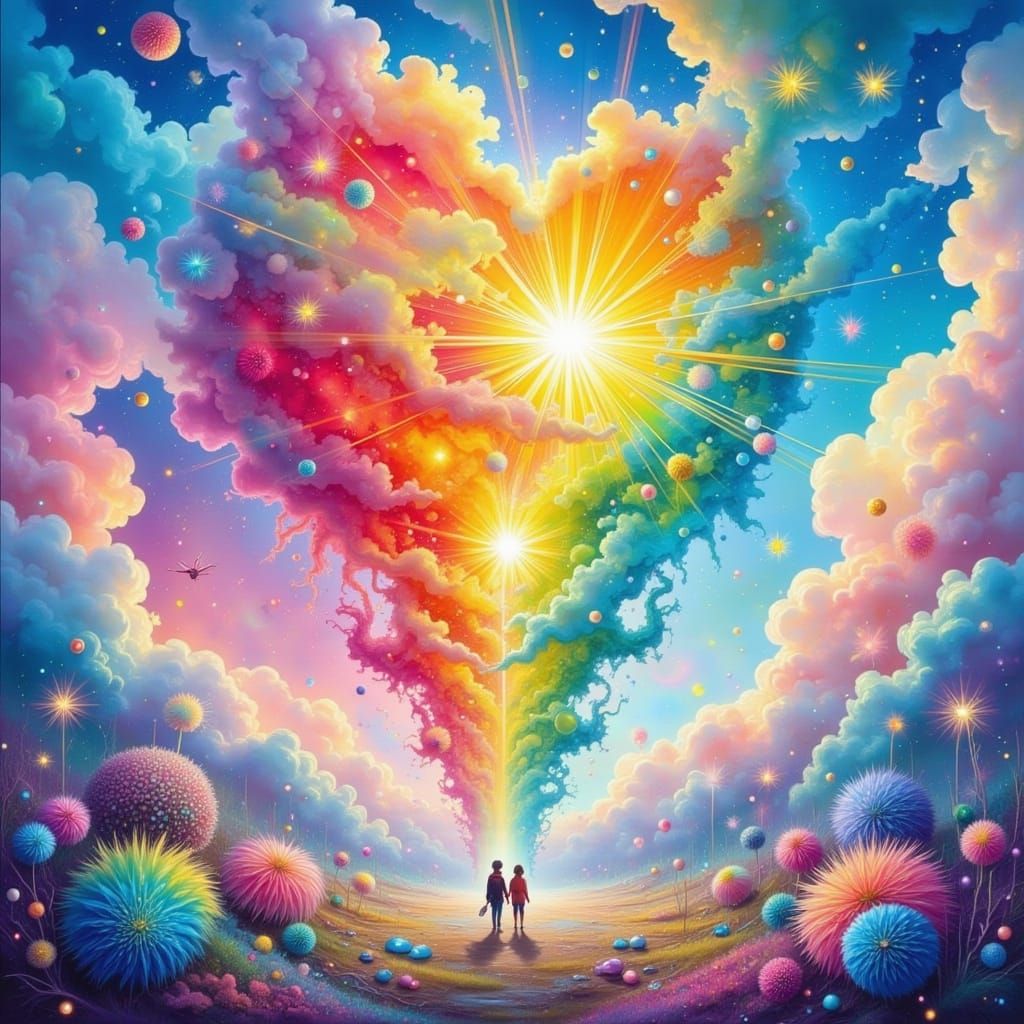 Vibrant Rainbow Clouds in a Whimsical, Dreamy Landscape