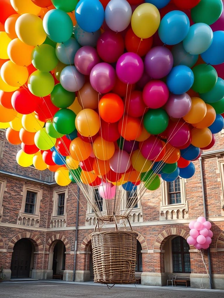 Vibrant Balloon Hotair Basket Scene in Castle Courtyard