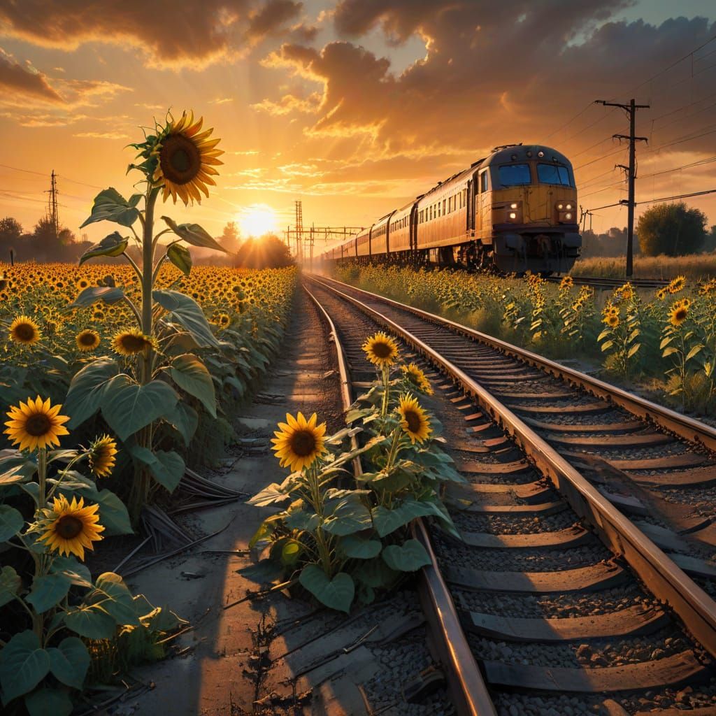 Sunflower Railway in Post-Apocalyptic Golden Hour