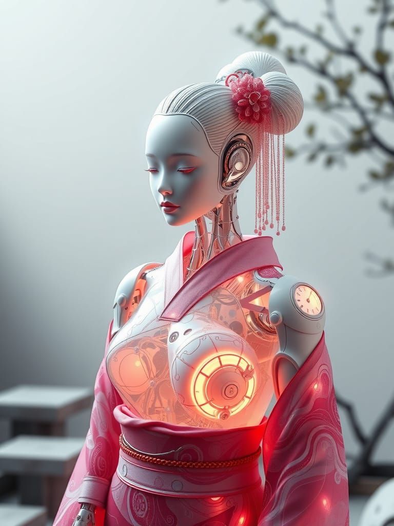 Stunning Futuristic Geisha in Cybernetic Zen Garden