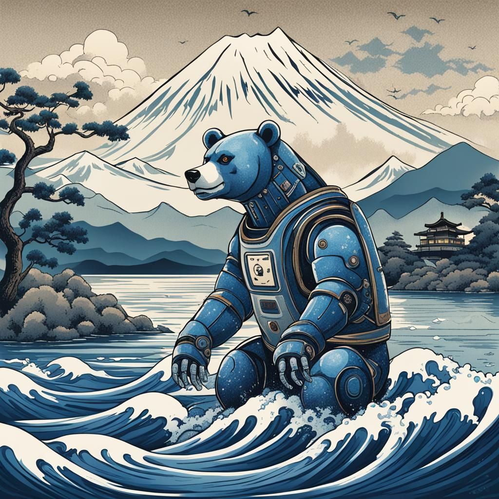 Robot Bear in Hokusai Japanese Art Style