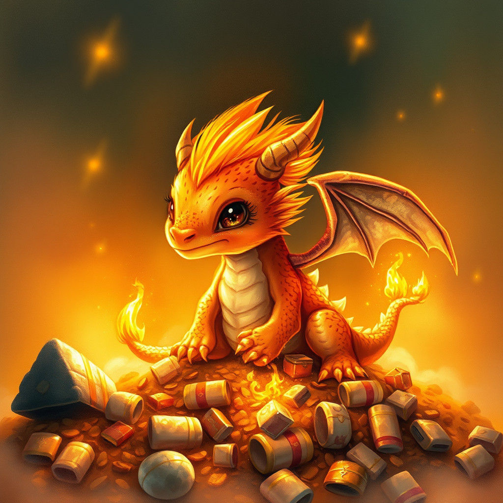 Fluffy Baby Fire Dragon on Treasure Pile