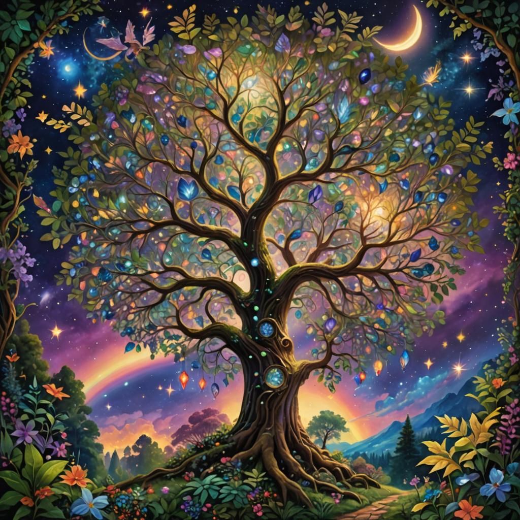 Dream Tree Beneath Starry Sky, Fantasy Art