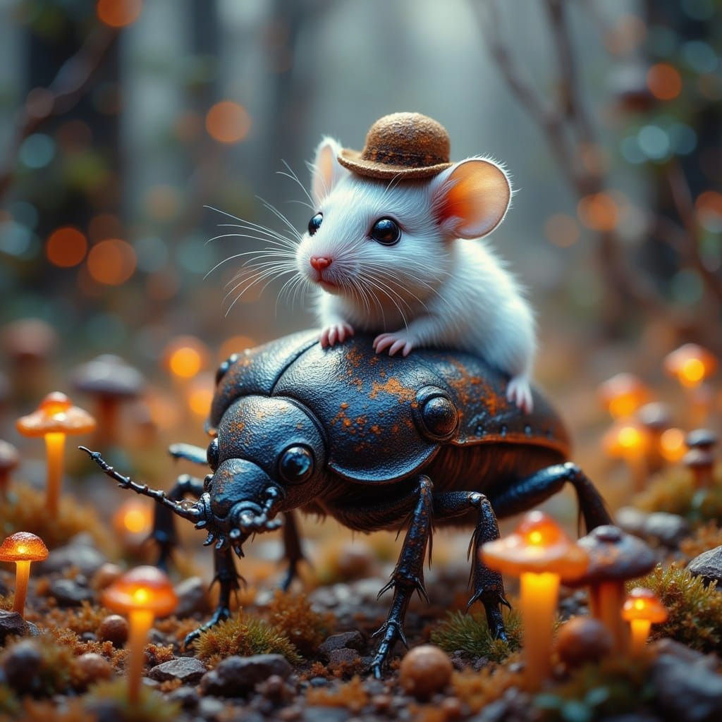 Mouse Rides Beetle Through Glowing Forest