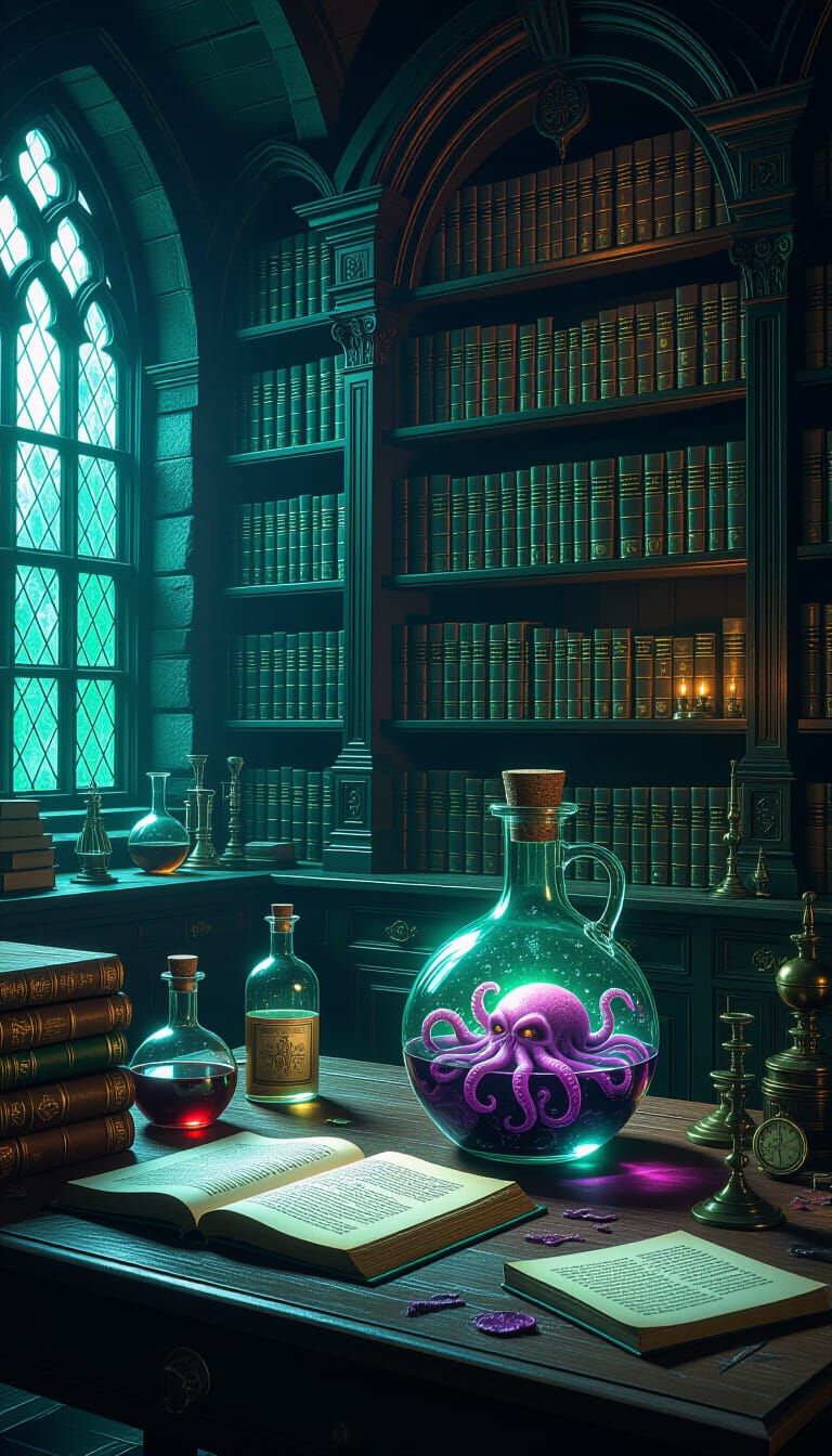 Wizard's Lab with Glowing Books and Alchemical Tools