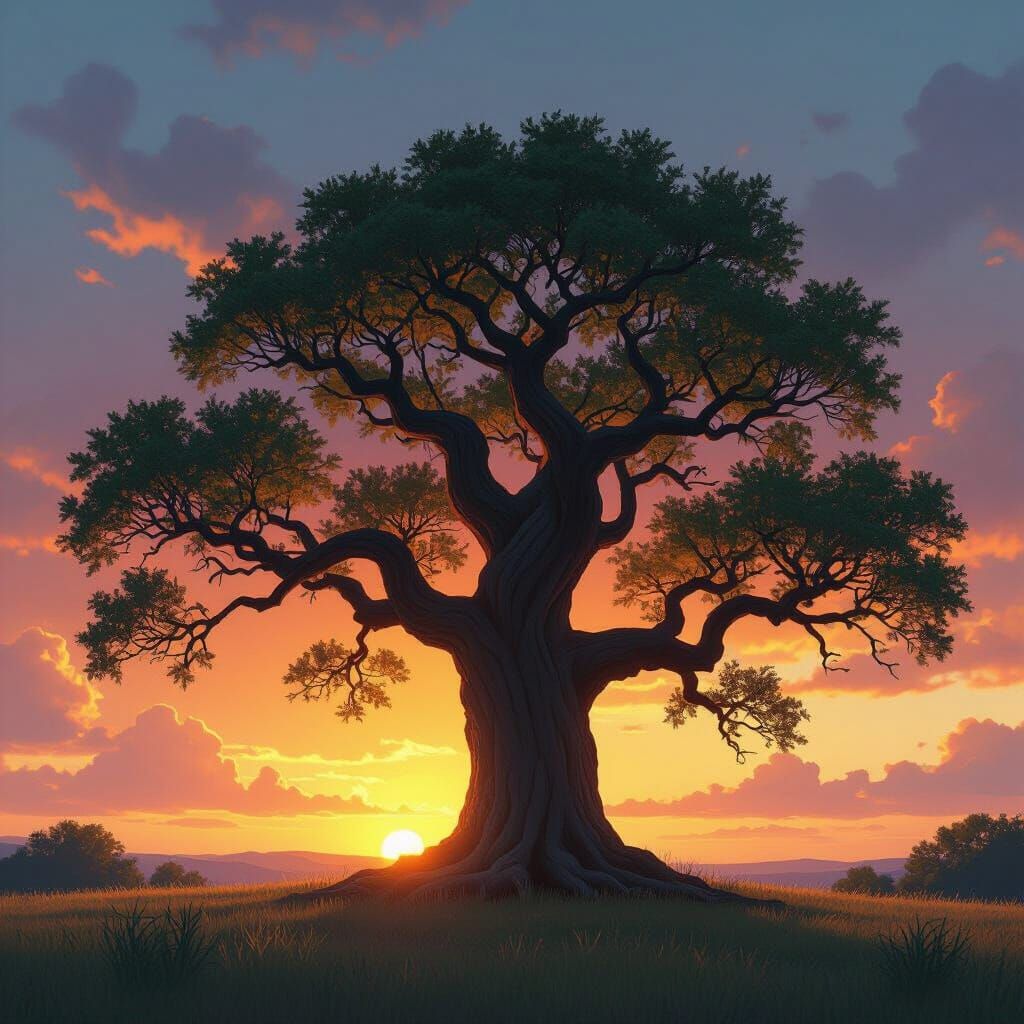 Ancient Oak Tree at Vibrant Sunset with Cinematic Lighting