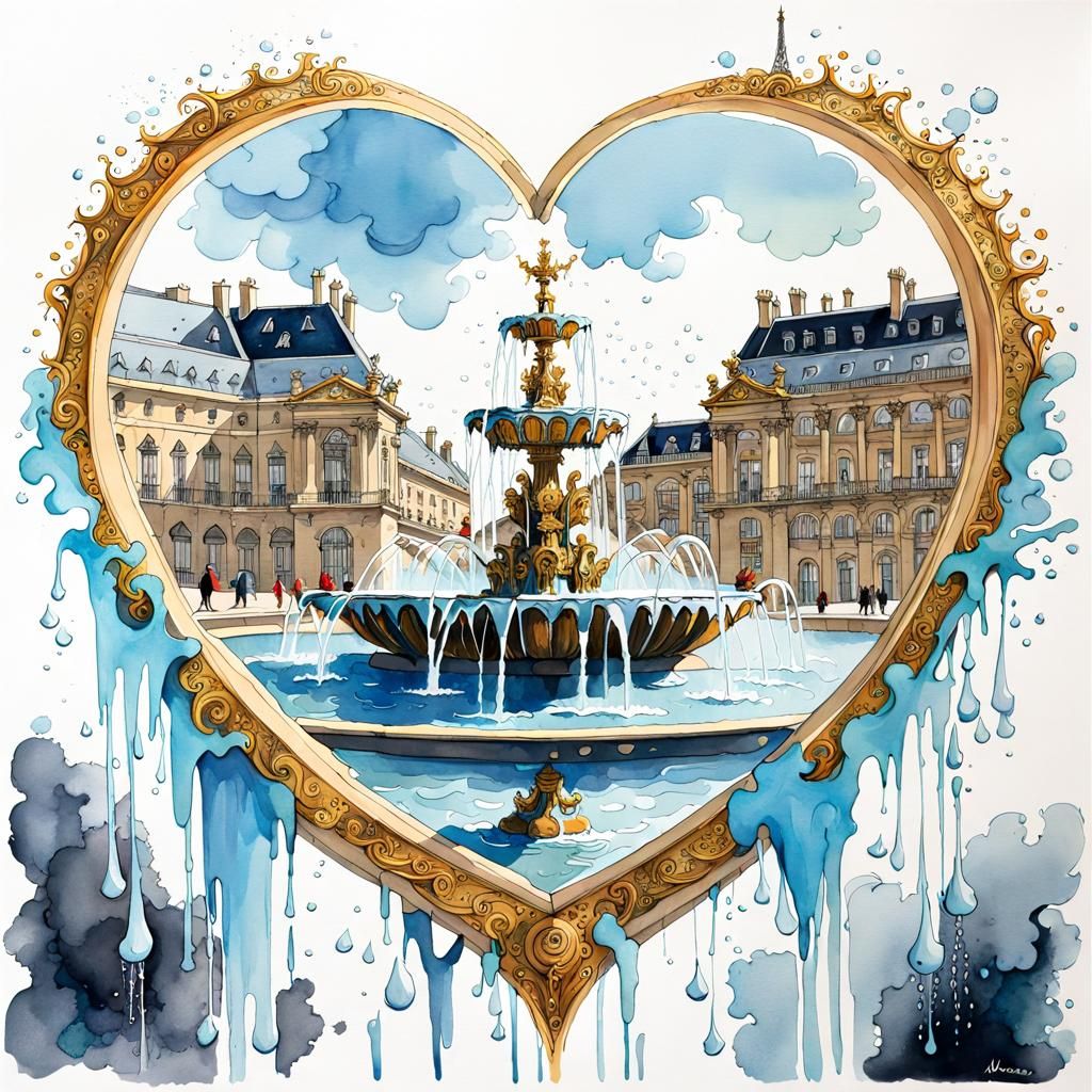 Fontaine des Mers in Heart, Gouache Illustration
