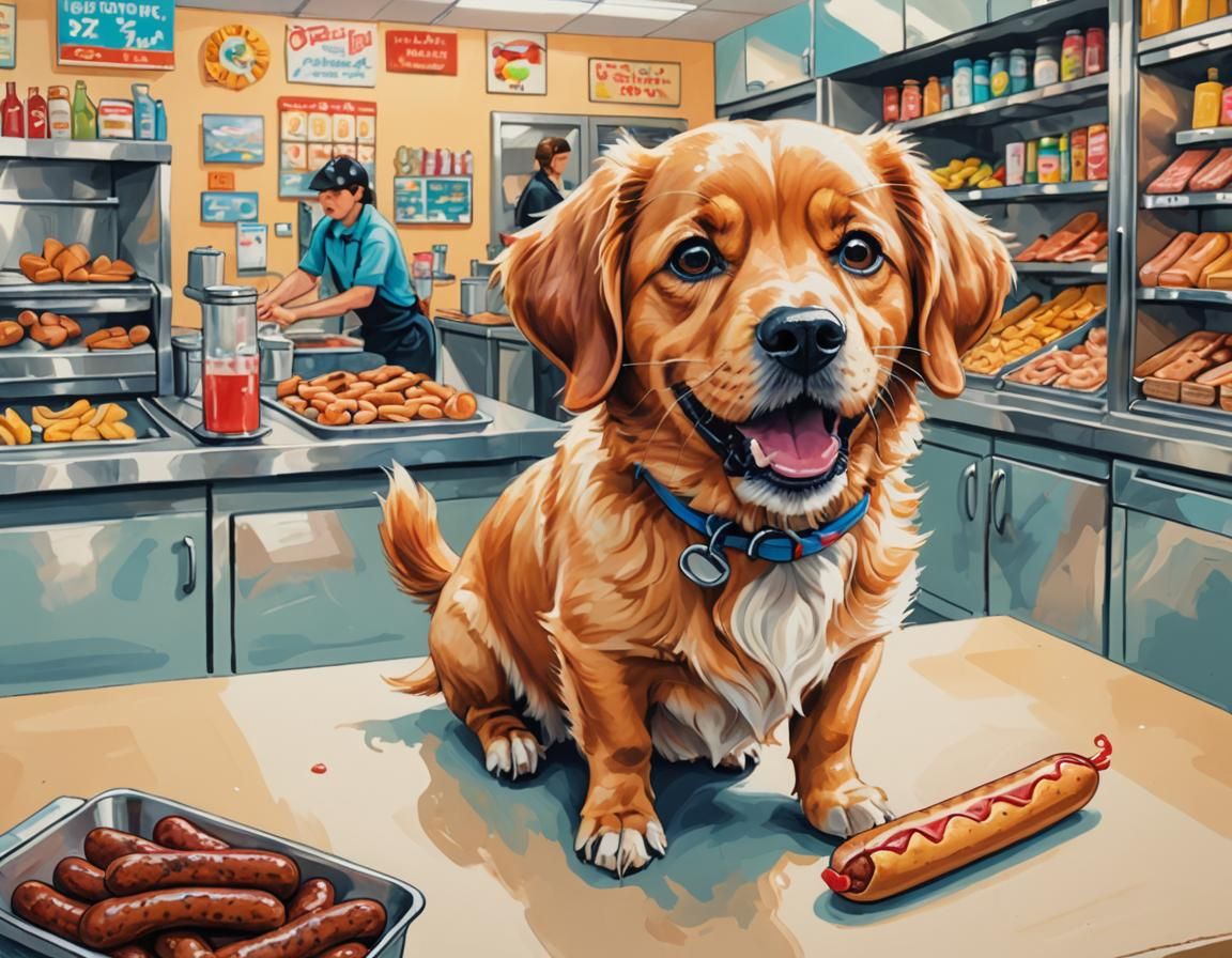 Cute Dog Steals Sausage in Cartoon Comic Art