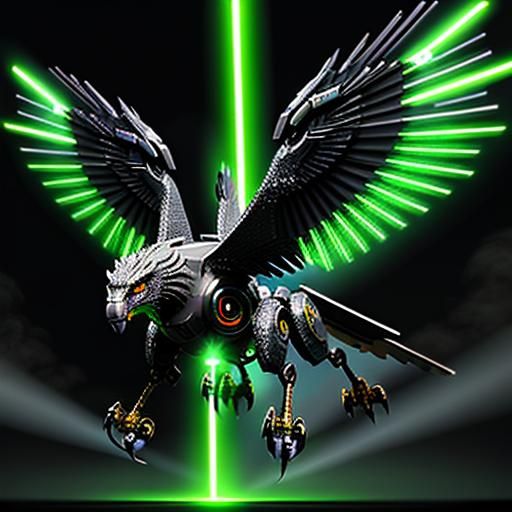 a robotic griffin with glowing wings and laser eyes,
