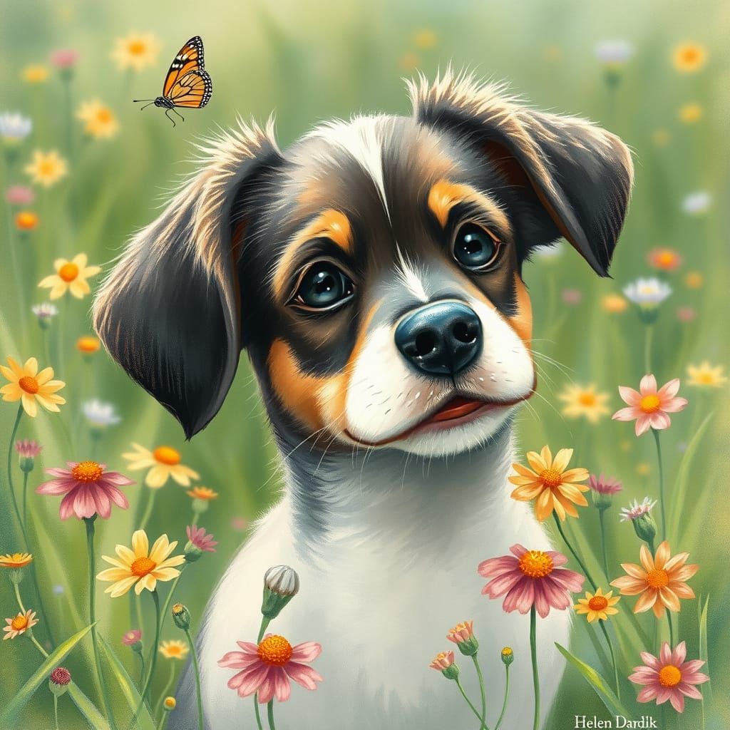 Whimsical Dog with Butterfly on Nose in Watercolor Style