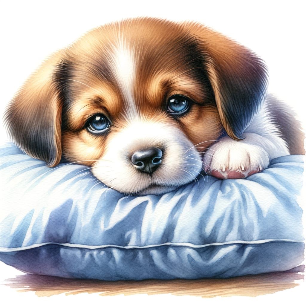Affectionate Puppy Resting on Pillow as Watercolor Painting