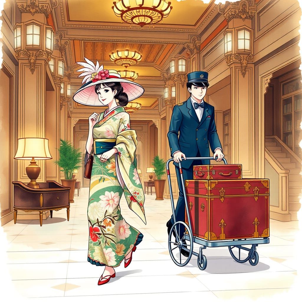 Sophisticated Japanese woman checking in to the Raffles Hotel, Singapore.