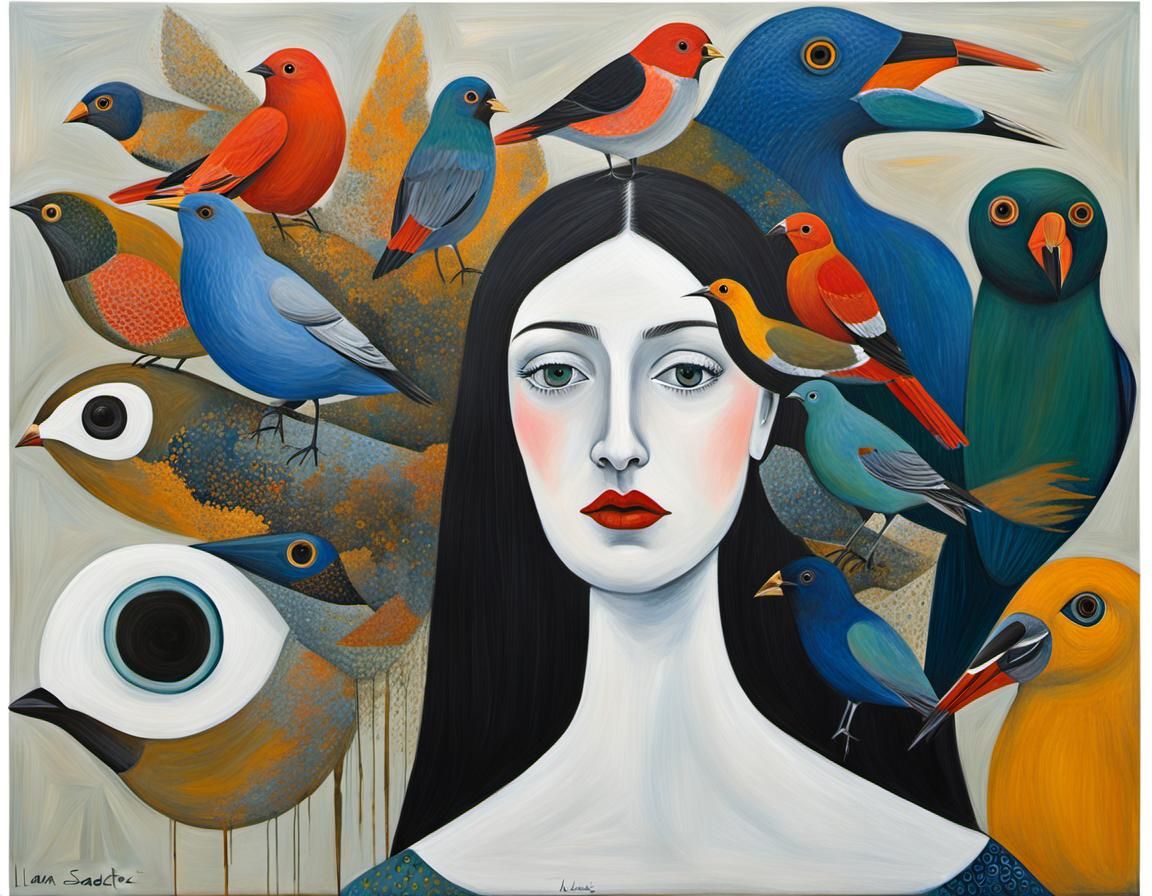 Girl with Bird: Graffiti Art in Polychromatic Style