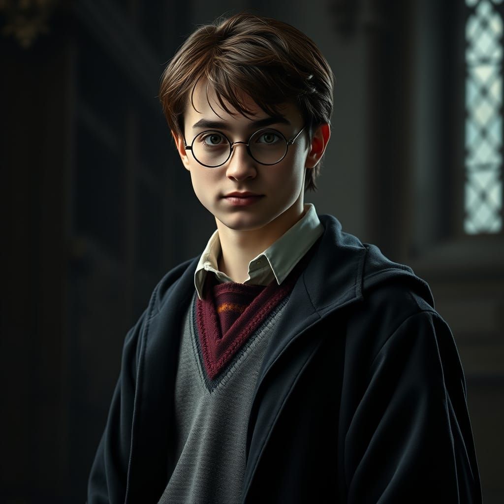 Harry Potter in Epic Pose with Glowing Wand, Hogwarts Robes,...