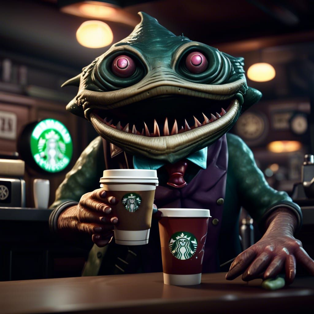 Funny Fishman Barista in Sinister 3D Style