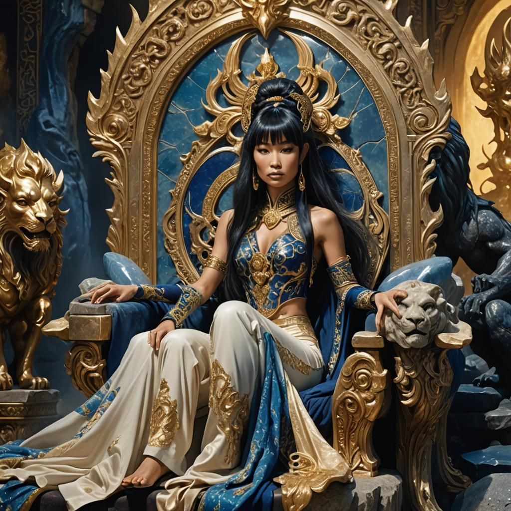 Goddess on Agate Throne with Minotaurs, Fantasy Art