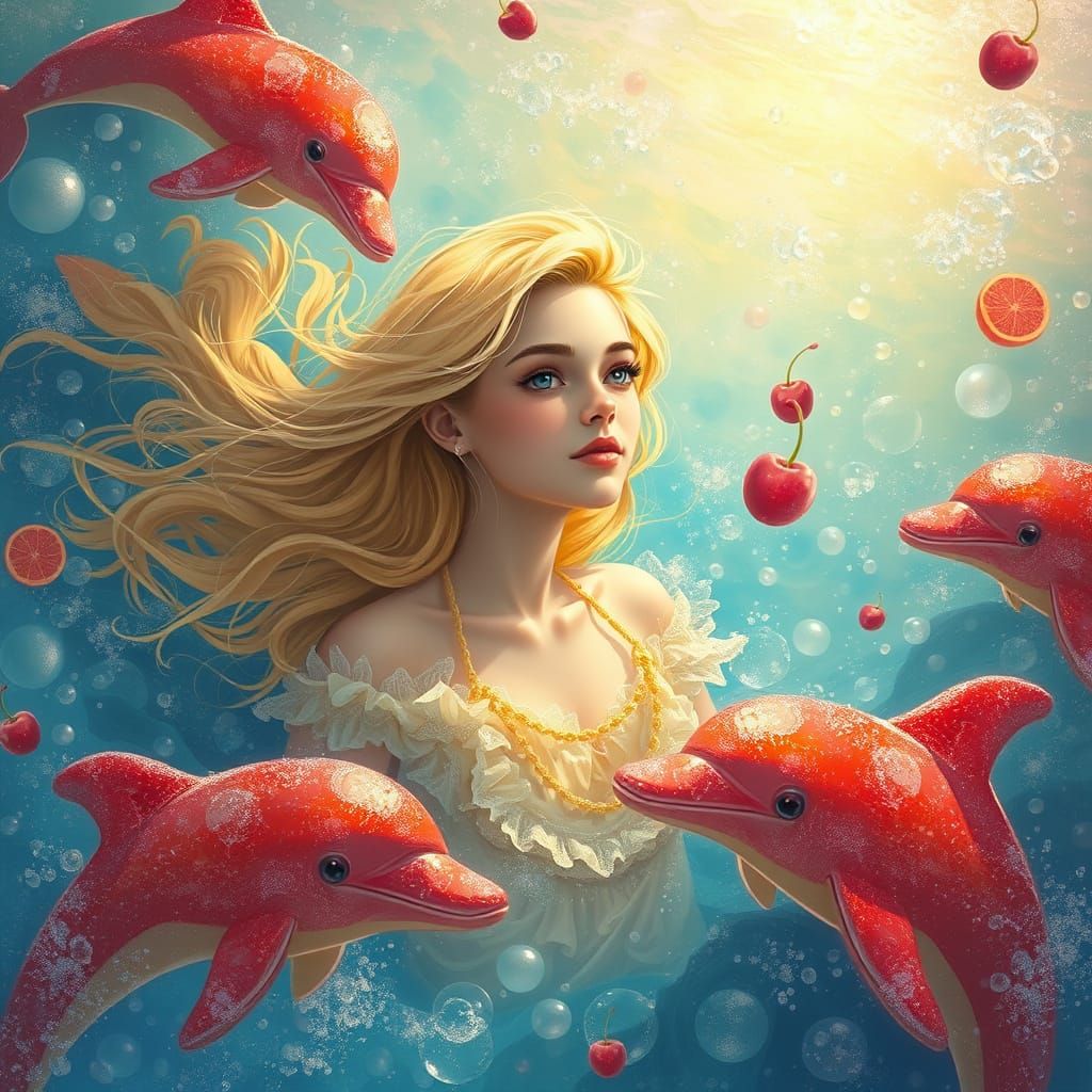 Dreamscape: Woman Floats on Soda Sea with Candy Dolphins