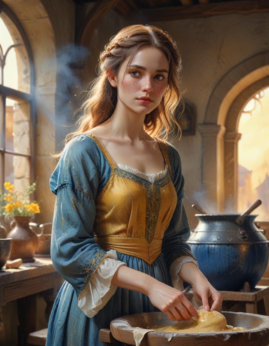 Gentle Maiden Kneads Dough in Castle Kitchen