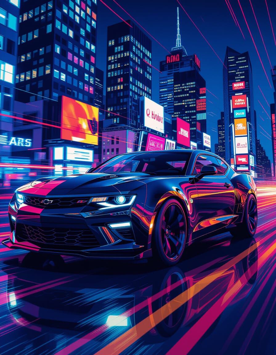 Black Chevrolet Camaro RS Speeds Through Neon Cityscape
