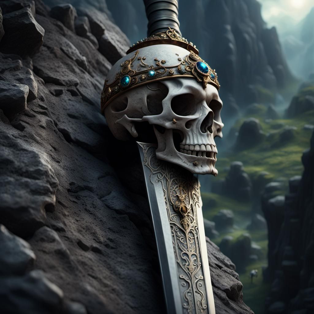 Jeweled Skull Sword Embedded in Stone
