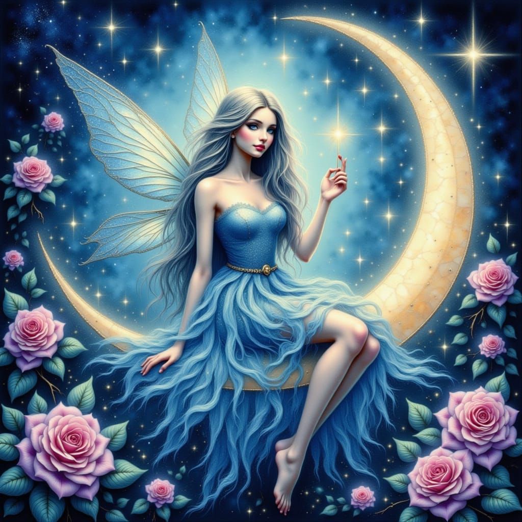 Dreamy Blue Fairy in Whimsical Oil Painting