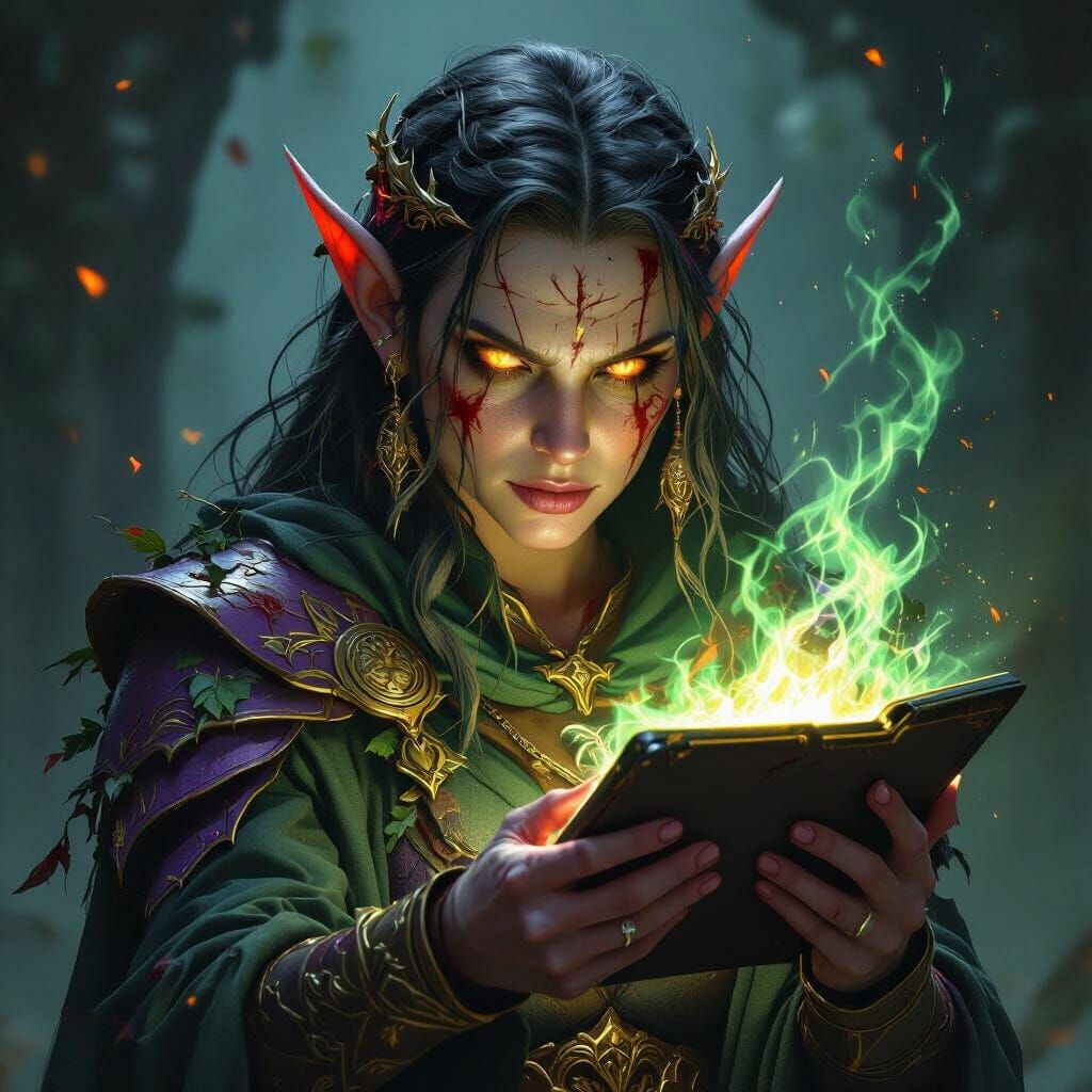 Elf Druid Unleashes Fire Spell with Tablet, Dark Fantasy Art