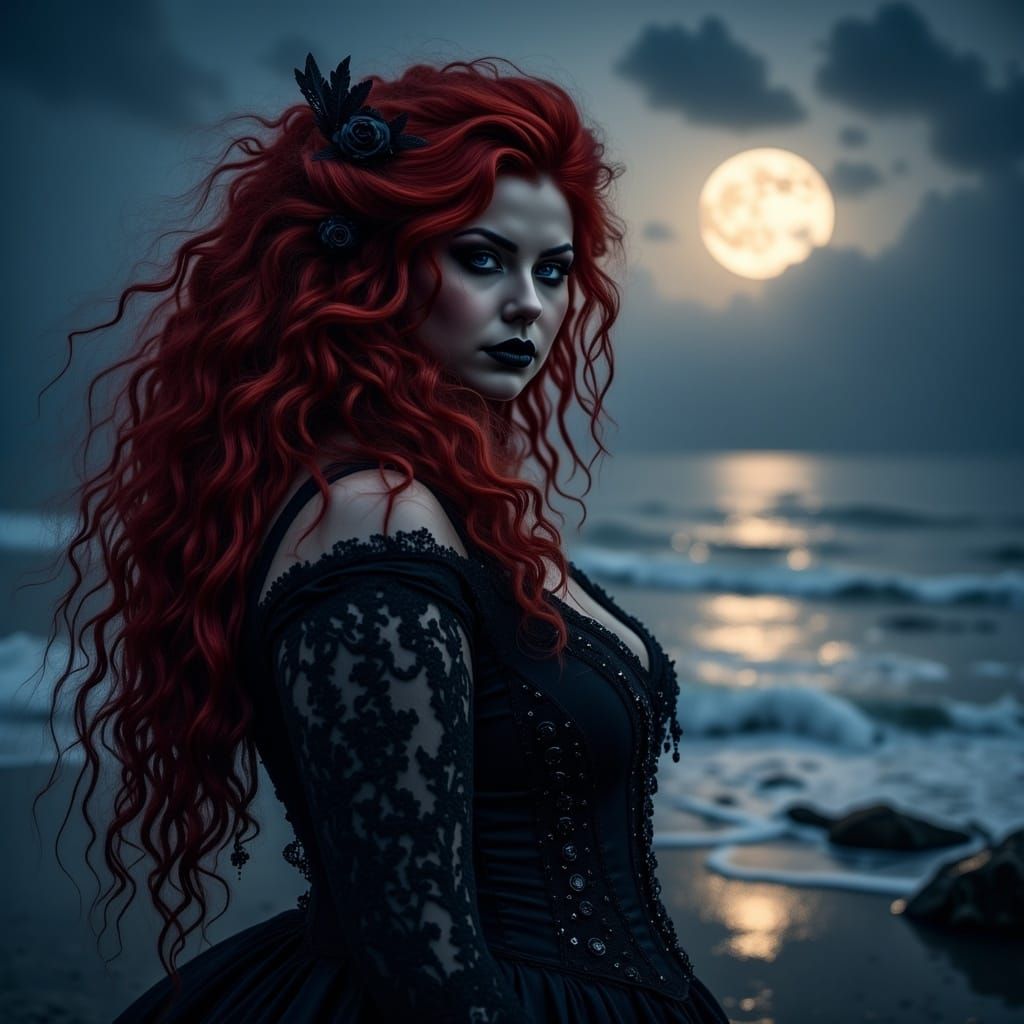 Gothic Redhead on Beach Under Full Moon