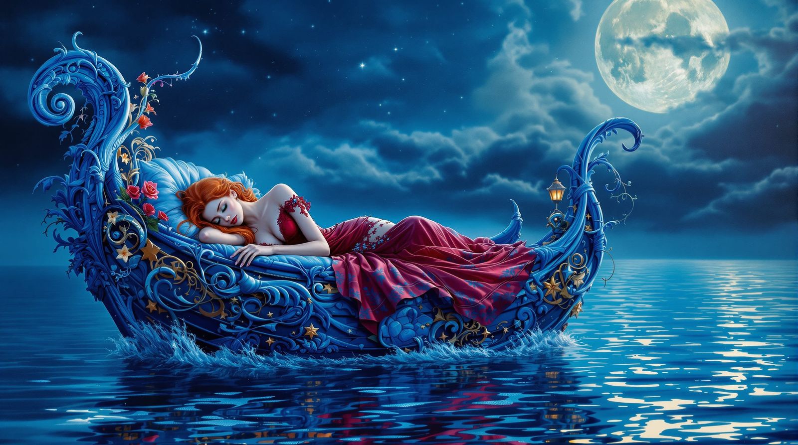 Surrealist Lady Sleeps on Blue Boat Under Moonlight