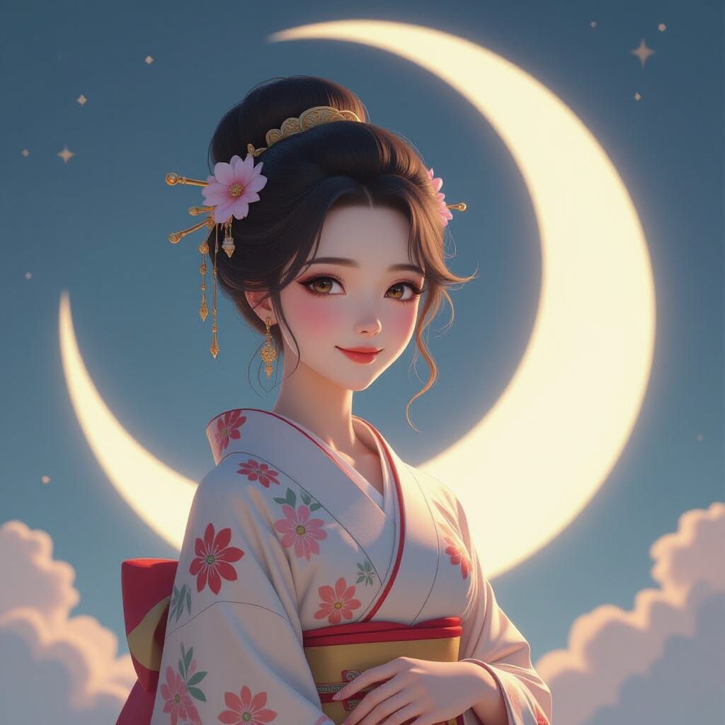 Luminous Goddess with Ethereal Smile on Crescent Moon