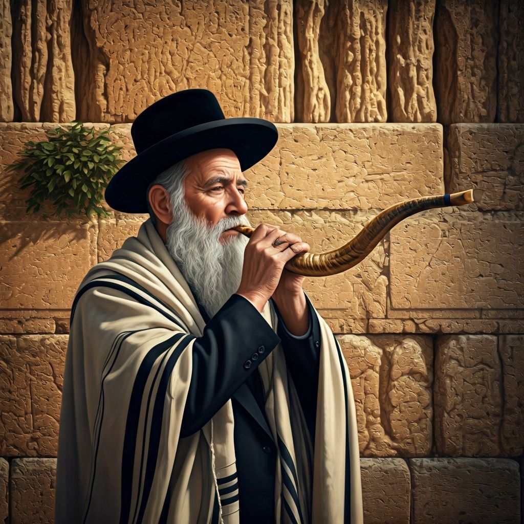Rabbi Blowing Shofar at Western Wall in Realistic Style