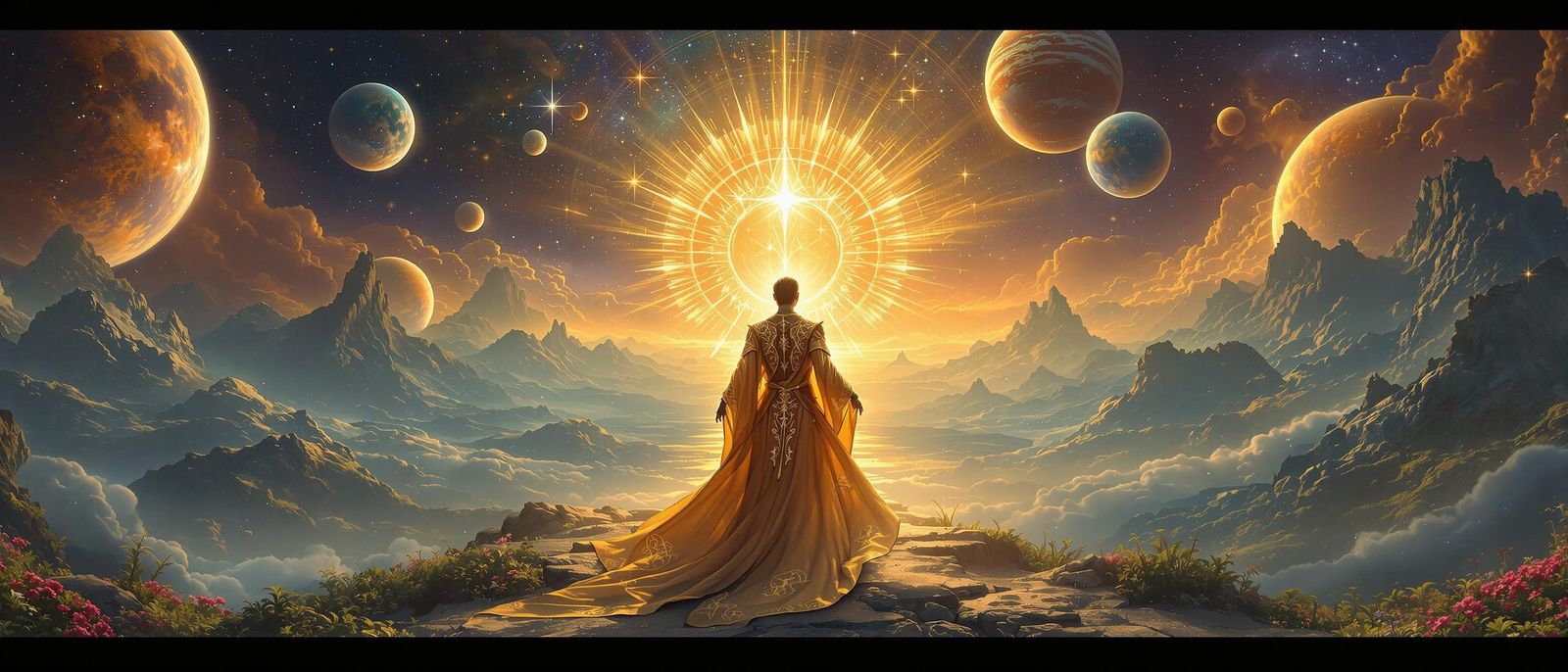 Radiant Being Embodies Divine Magic in Cosmic Landscape