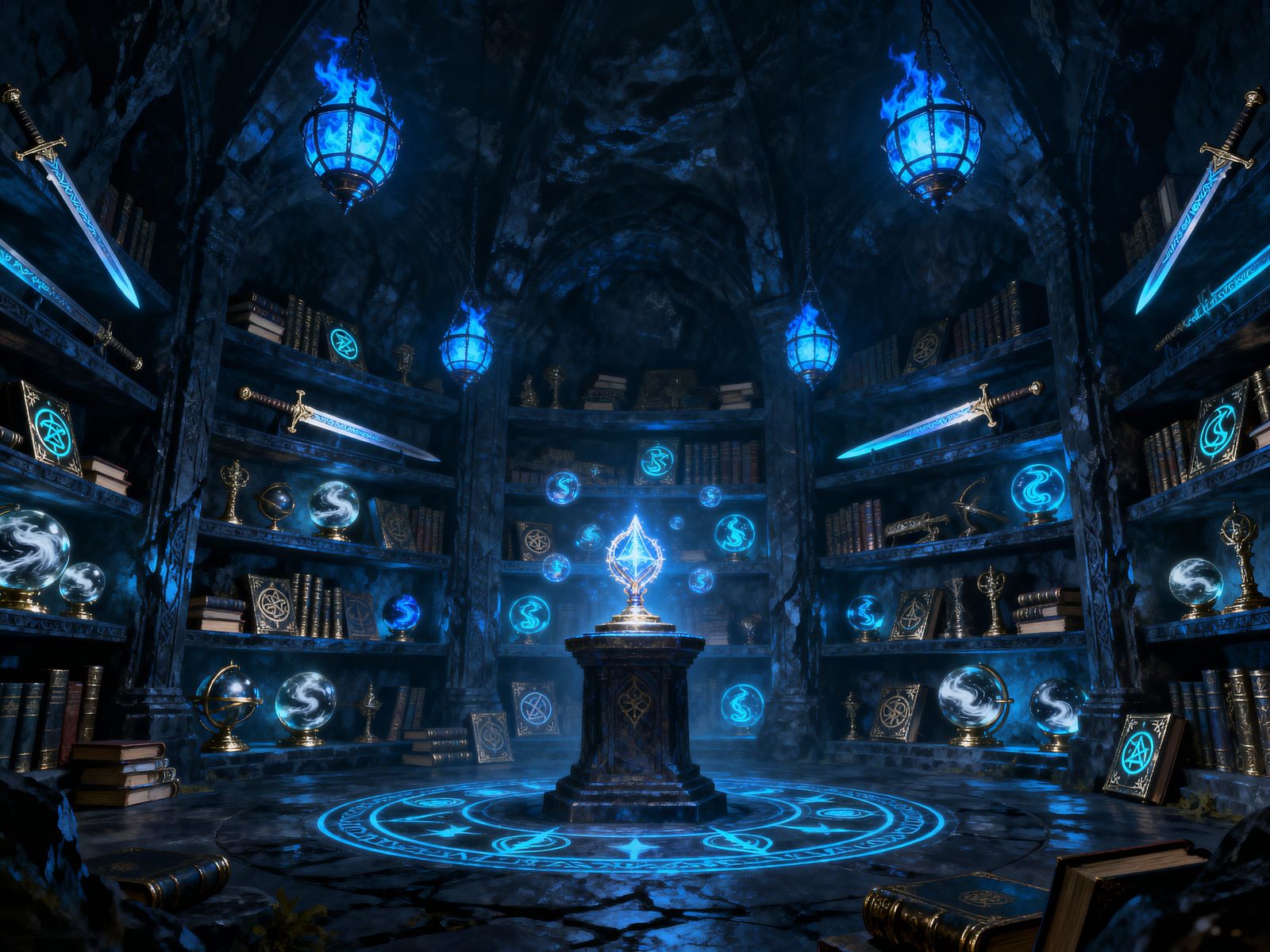 Mysterious Subterranean Vault with Blue Fire Lanterns