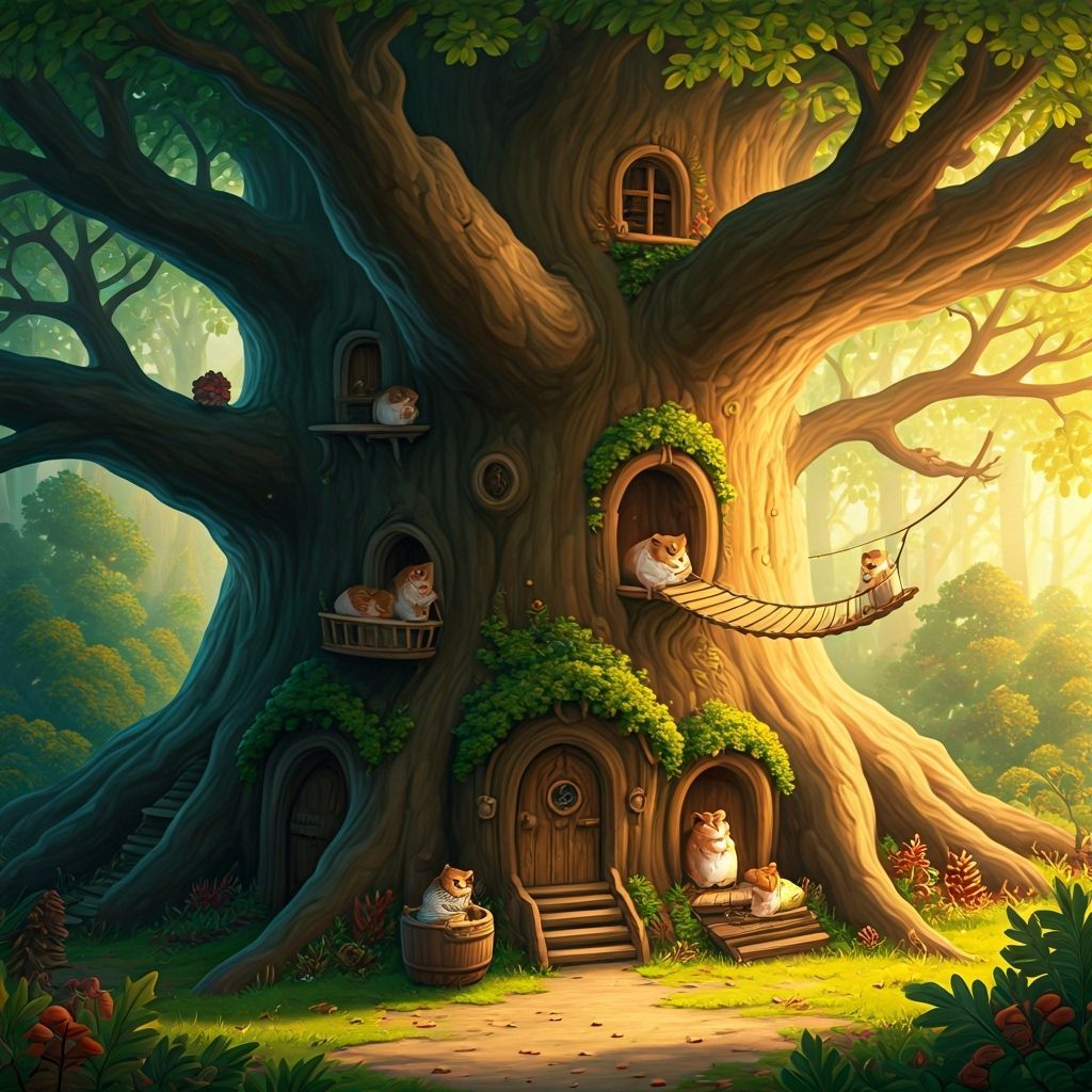 Hamster Village in Giant Oak Tree, Beatrix Potter Style