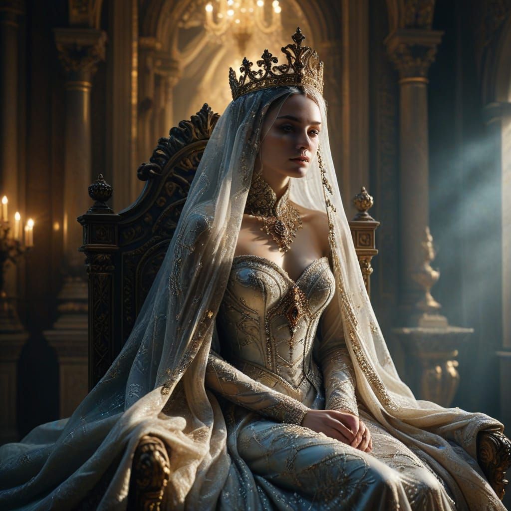Ethereal Queen in Opulent Robes, Veiled in Mystery