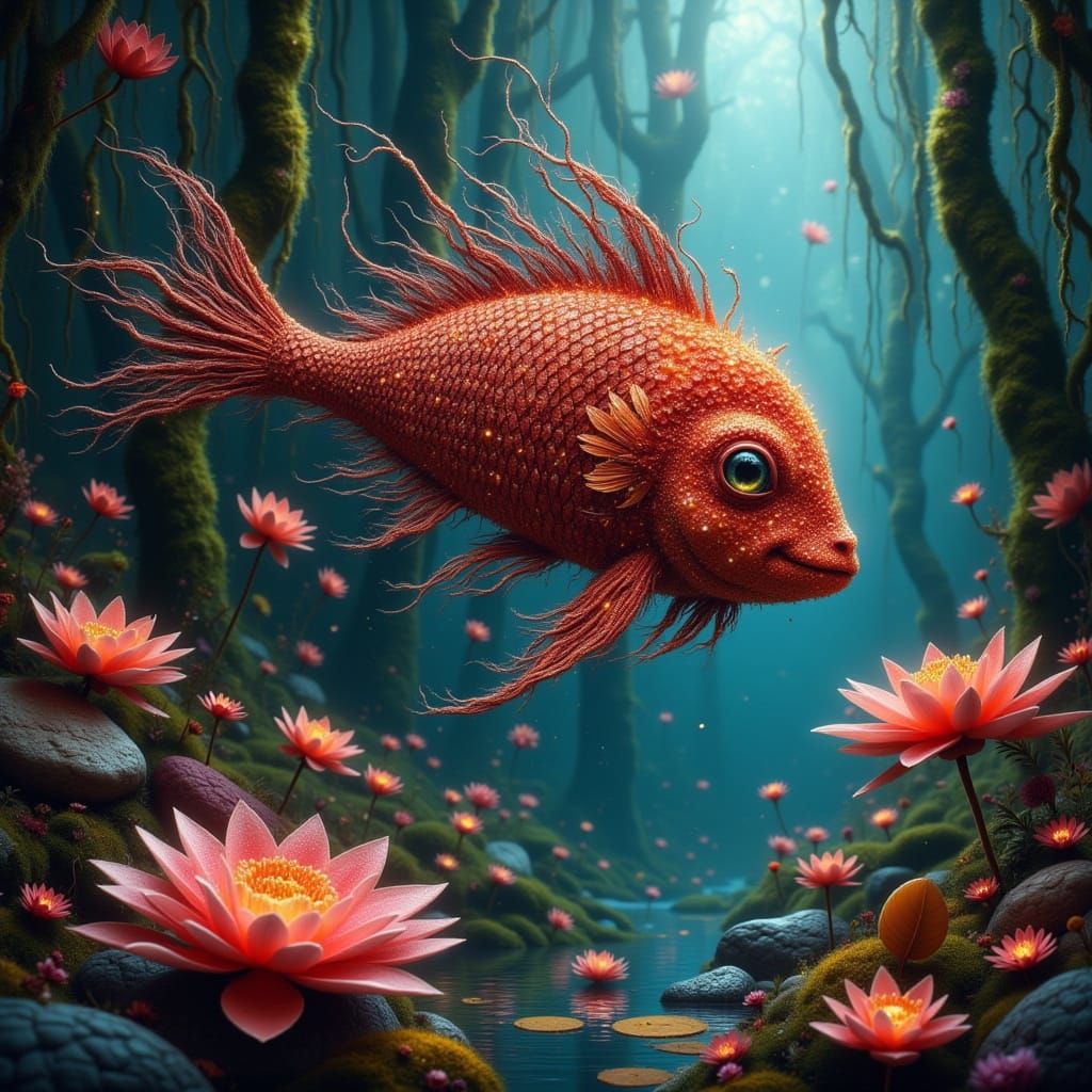 Bioluminescent Coral Fish Leaping in Enchanted Forest