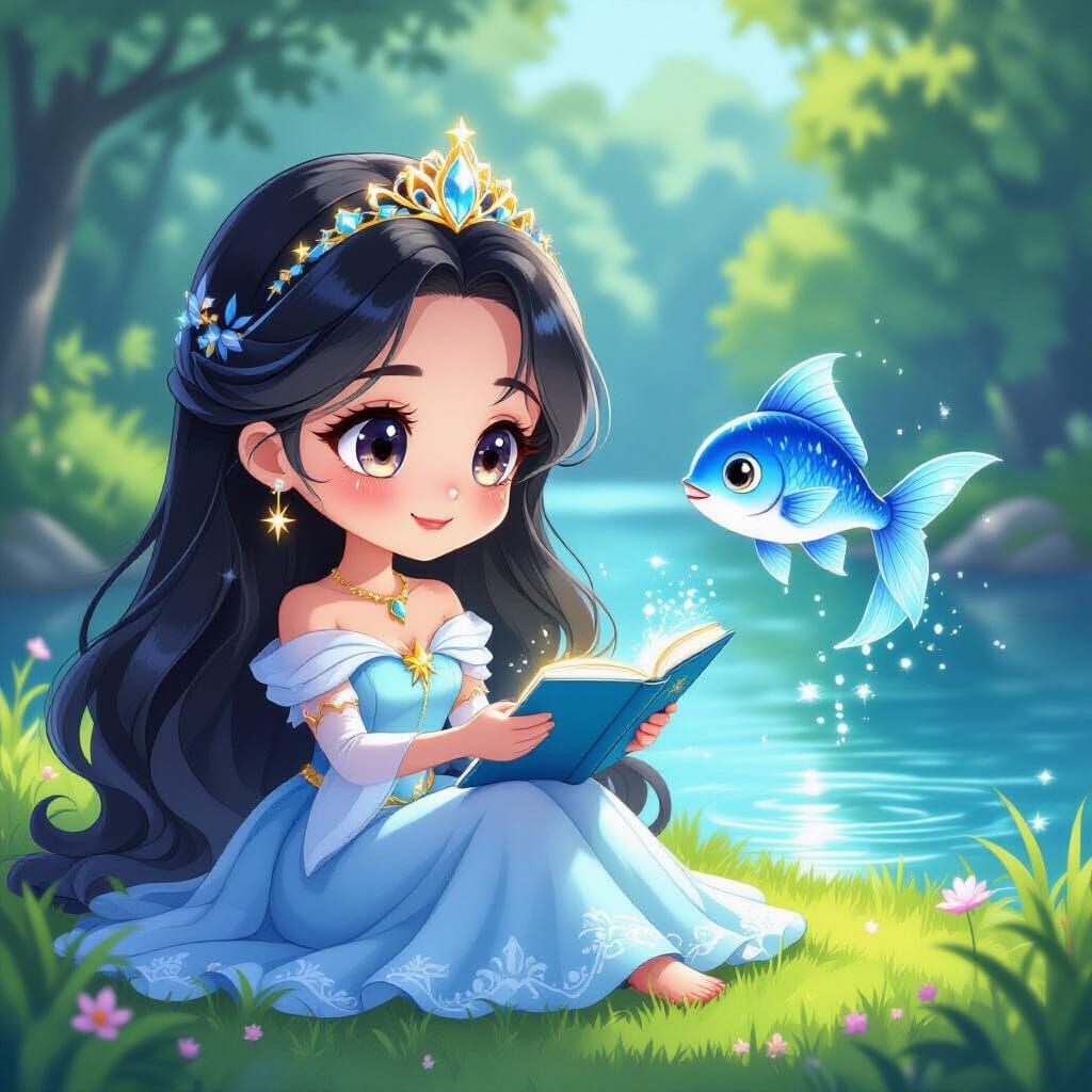 Chibi Princess Drawing a Fish in Fairytale Style