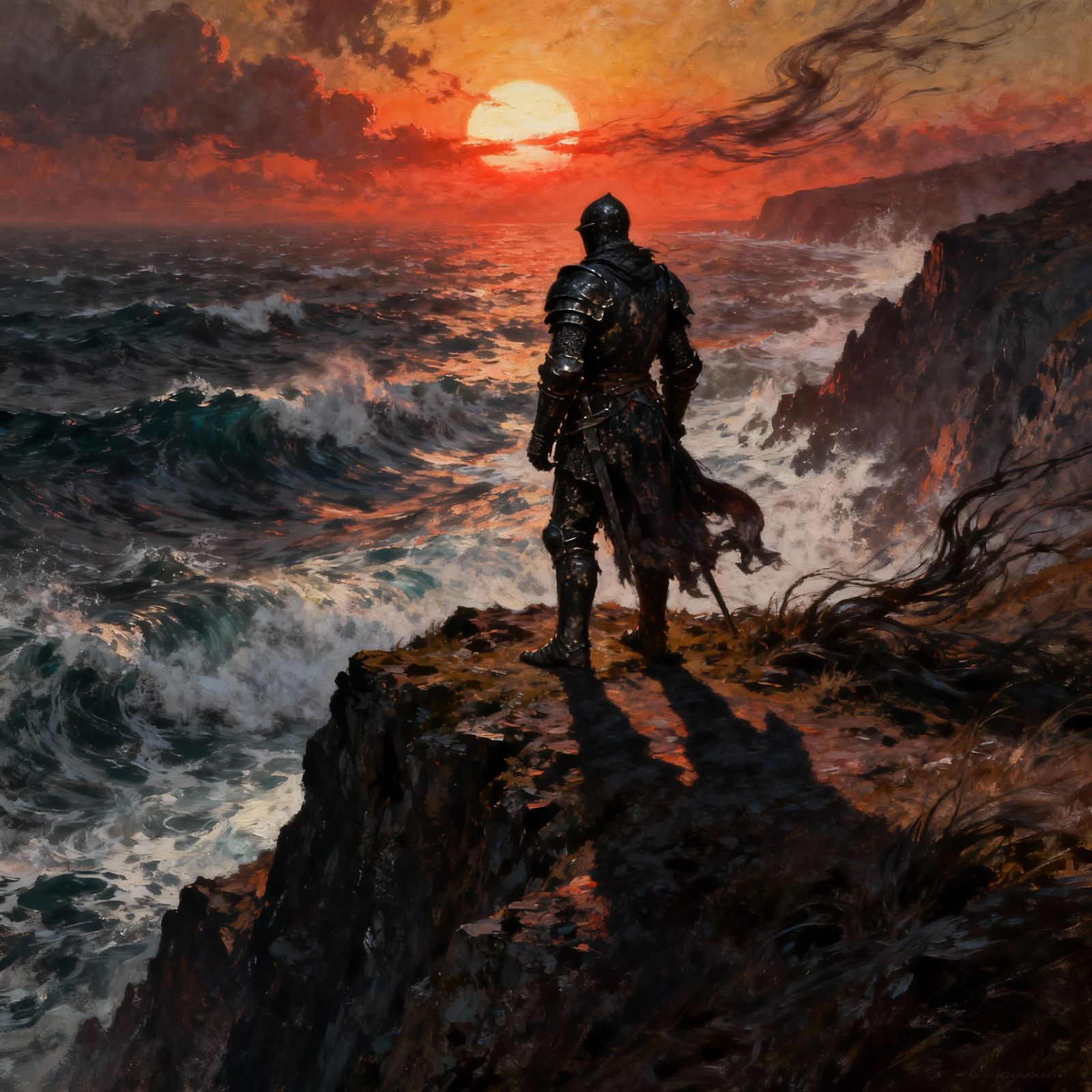 Knight on Cliff Overlooking Stormy Sea in Dying Sun Glow
