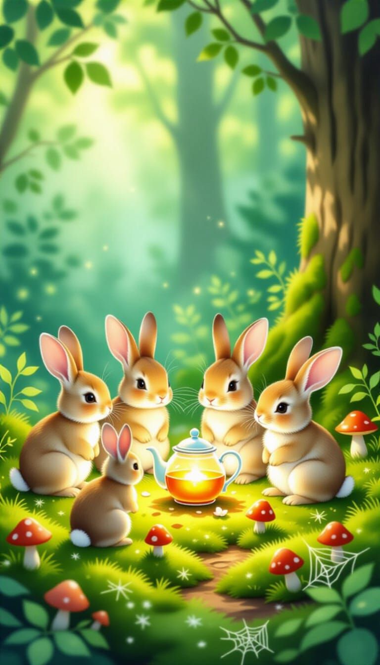 Whimsical Rabbits Gather by Glowing Teapot in Watercolor For...