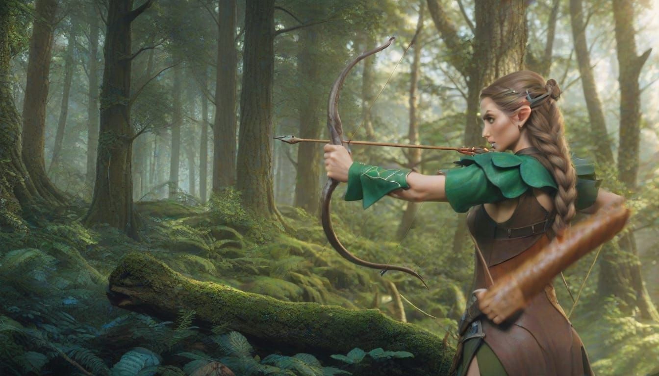 Hyperrealistic Elf Archery Scene in an Ethereal Forest