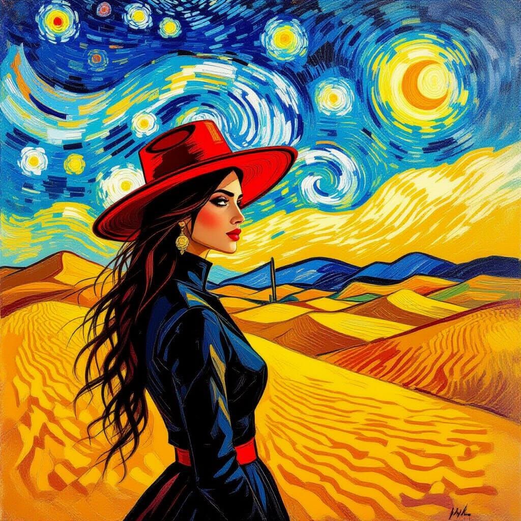 Woman in Red Hat in Desert Landscape in Van Gogh Style