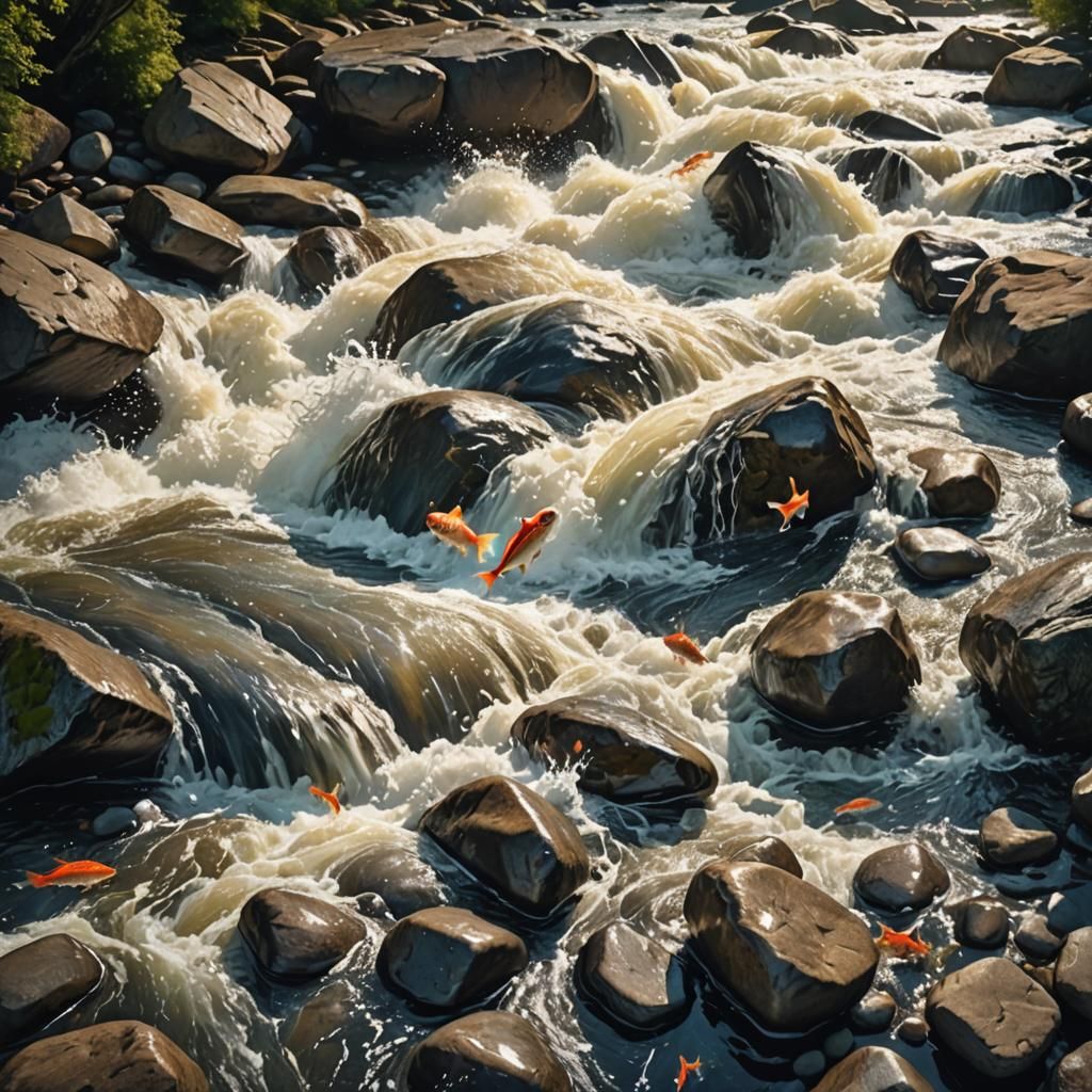 Dynamic River Landscape with Fish in Hyper-Detailed Style