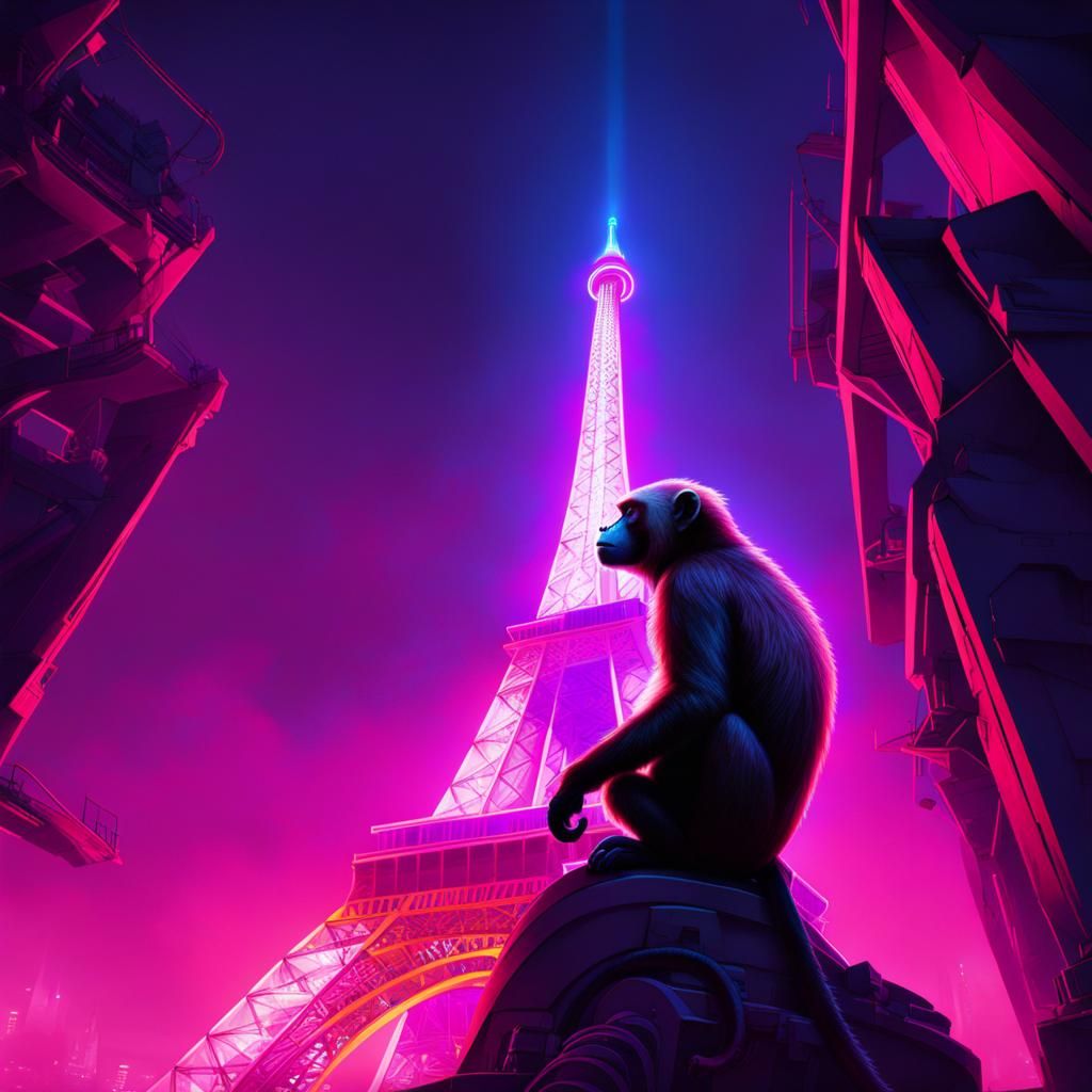 Monkey, Eiffel Tower, and Neon Lights in Cyberpunk Style