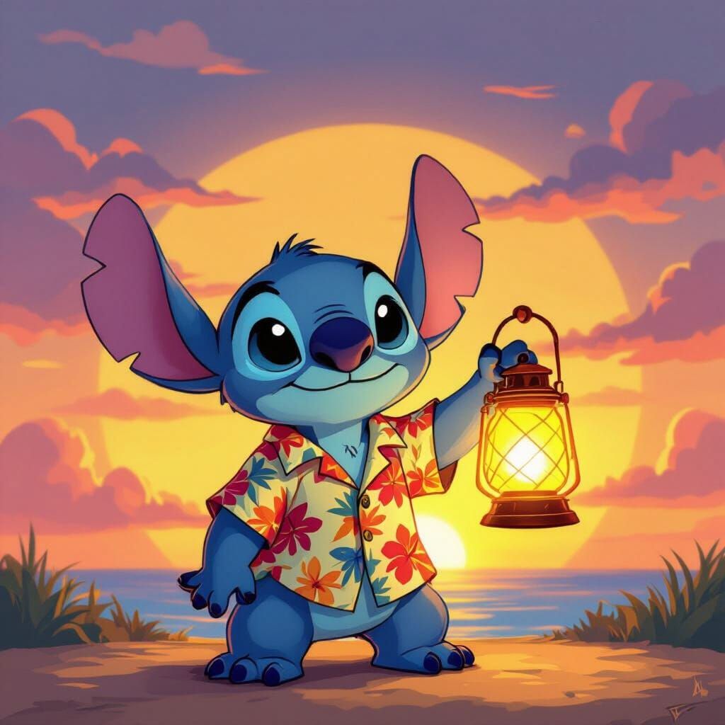 Stitch with Lantern in Disney Cartoon Style