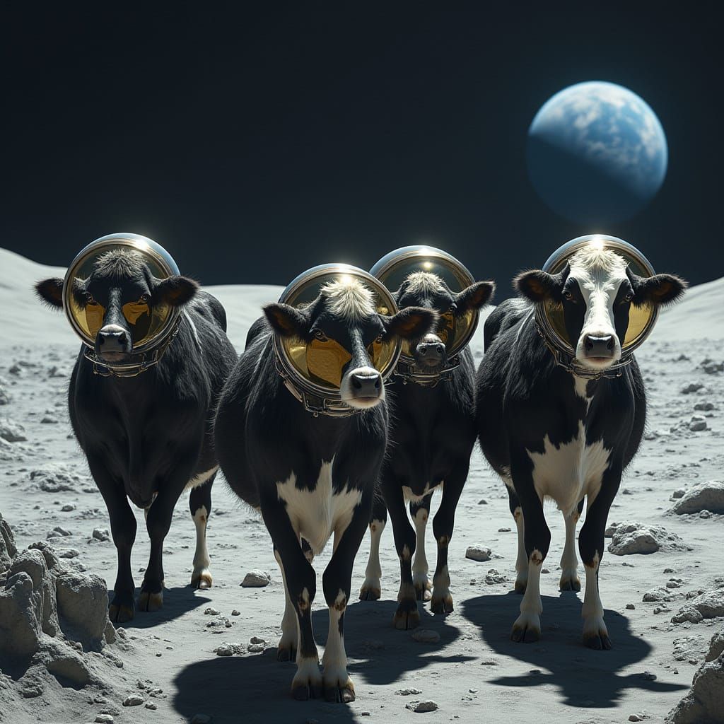 Moonbound Cow Astronauts in Futuristic Helmets