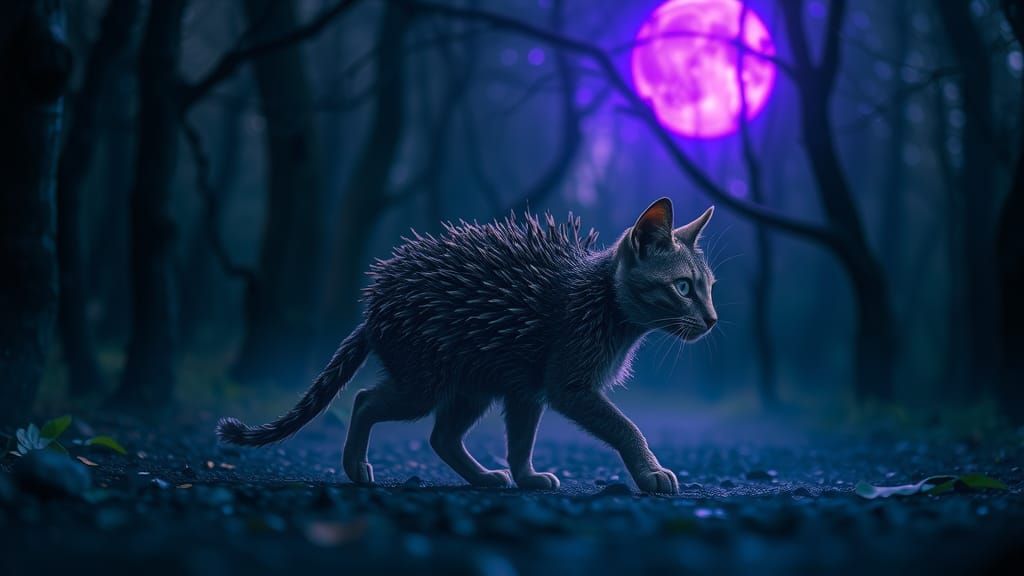 Majestic Hedgehog-Cat in Eerie Forest Night