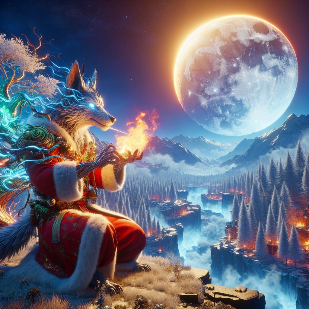 Wolf in Santa Costume Under Full Moonlight