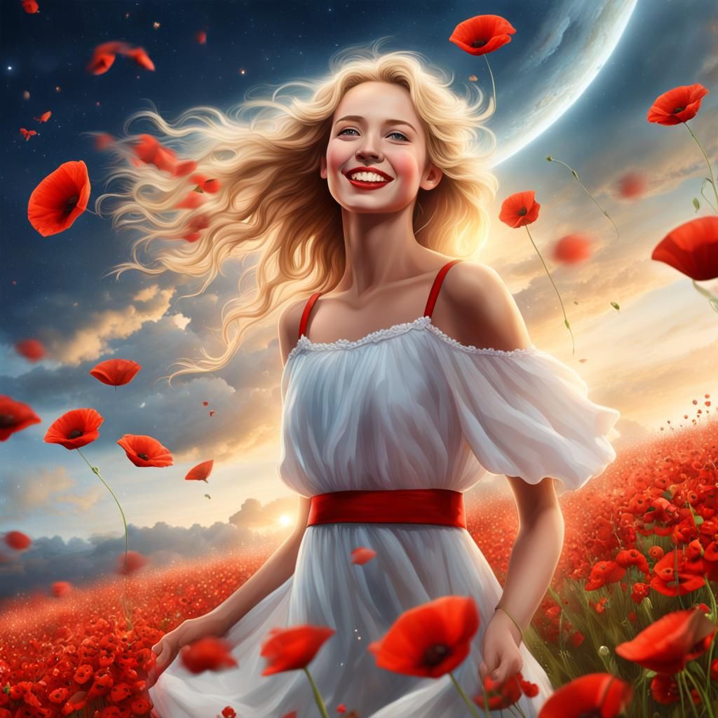 Radiant Woman in Red Dress, Hyperrealistic Art