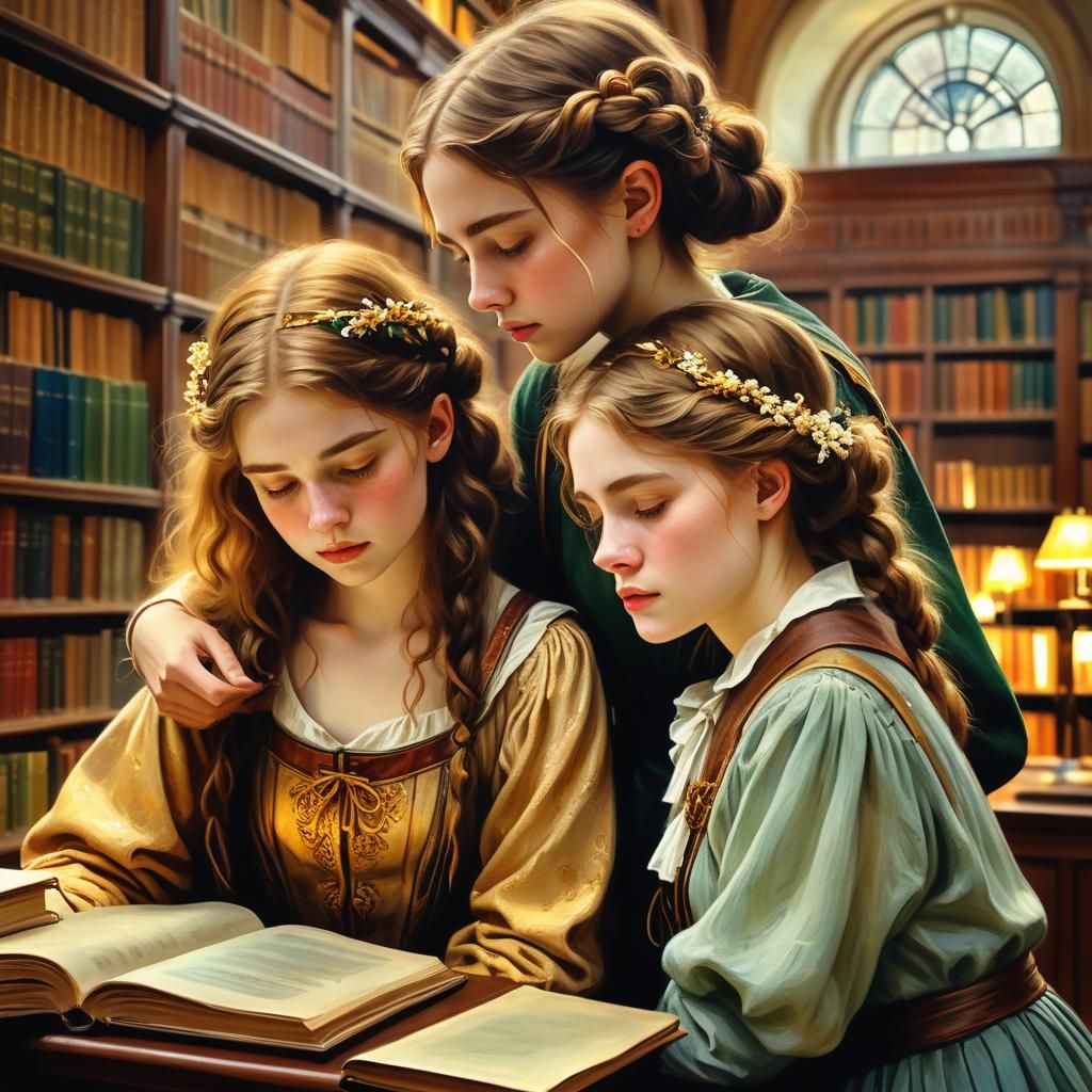 Comfort in the Library: A Pre-Raphaelite Scene