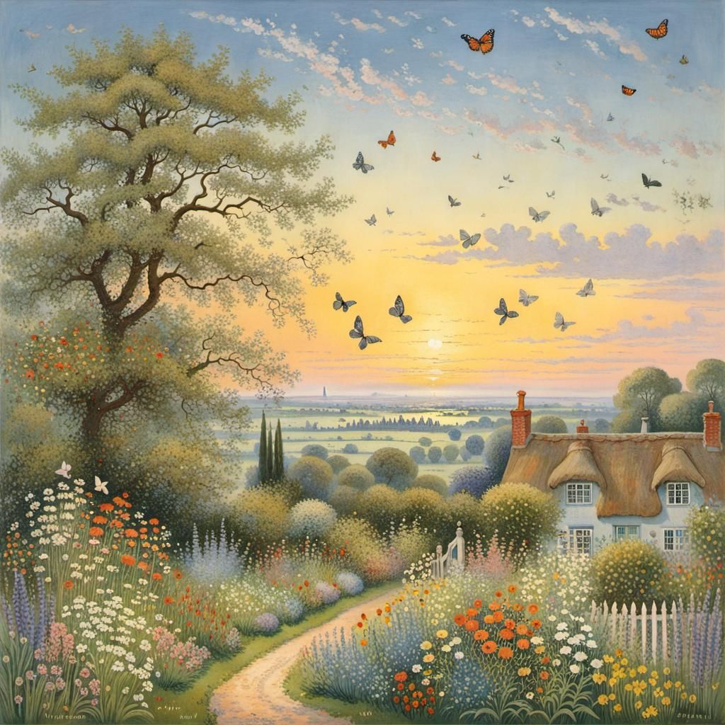 Idyllic Cottage Garden Scene in Impressionist Style